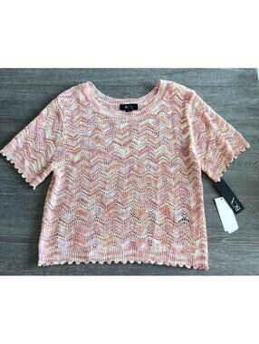 BCX Pastel Multicolor Zigzag Pointelle Knit Short Sleeve Top Women Size XL